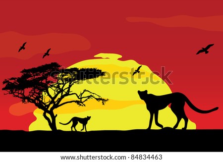 wild african animals at sunset, vector