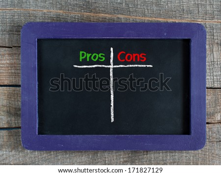 Pros and Cons written on blue framed chalkboard on wooden background