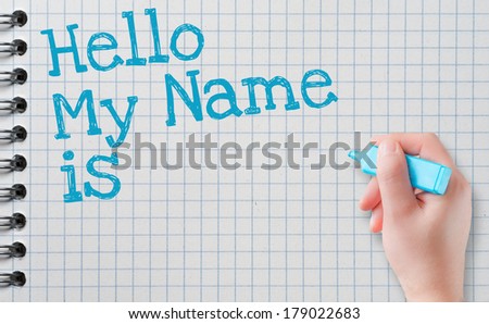 Name tag HELLO my name is handwritting on white background