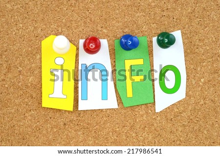 The word info in cut out magazine letters pinned to a cork notice board