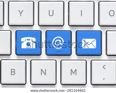 Computer white keyboard with buttons  . Computer white keyboard with blue button  easy