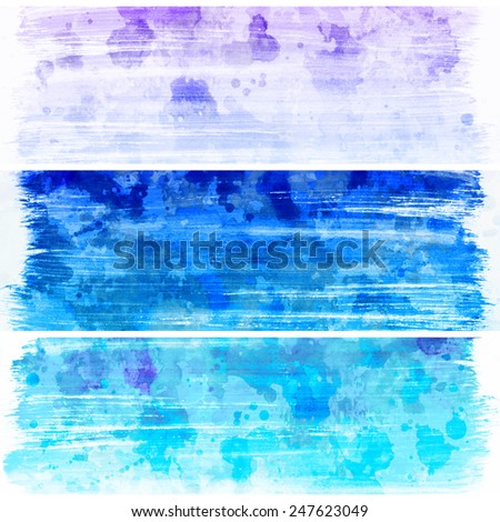 Abstract watercolor hand painted brush strokes. Blue horizontal banners.Striped graphic art design elements for website or brochure headers or sidebars.Vintage grunge texture.