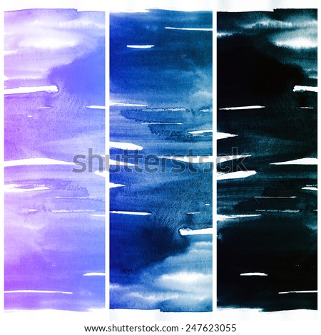 Abstract watercolor hand painted brush strokes. Blue vertical banners.Striped graphic art design elements for website or brochure headers or sidebars.Vintage grunge texture.