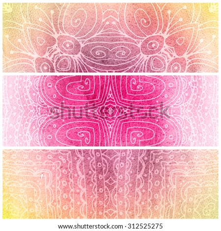 3 Watercolor hand painted textured banners. Colorful banners design or invitation or web template. Hand drawn pattern background.
