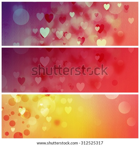 Red and yellow horizontal banners. Abstract watercolor hand painted hearts. Web design elements for website or brochure headers or sidebars.Bokeh texture. Love hearts for Valentine\'s Day.