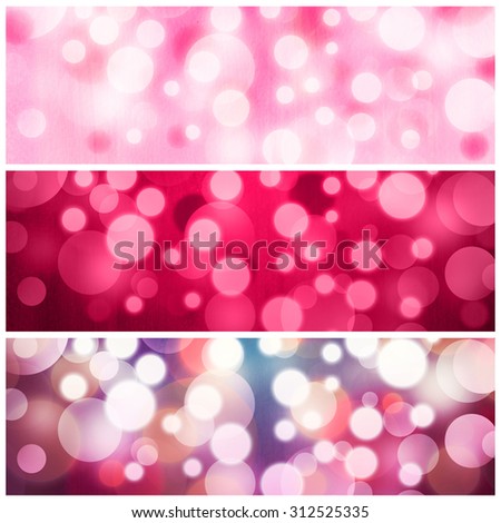 Bokeh horizontal banners. Abstract watercolor. Web design elements for website or brochure headers or sidebars. Pink festive texture.