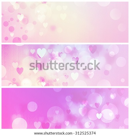 Bokeh horizontal banners. Abstract watercolor hearts. Web design elements for website or brochure headers or sidebars. Pink festive texture.