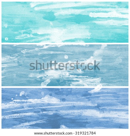 Abstract watercolor hand painted brush strokes. Blue horizontal banners.Striped graphic art design elements for website or brochure headers or sidebars.Vintage grunge texture.