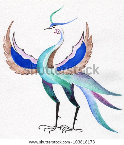 fantastic bird is drawn with a water color