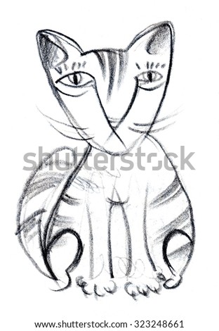 Funny cat is drawn with pencil on paper. Illustration for a baby