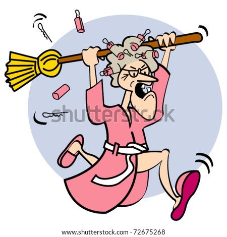 stock vector : Angry cartoon lady holding a broom while running and shouting.