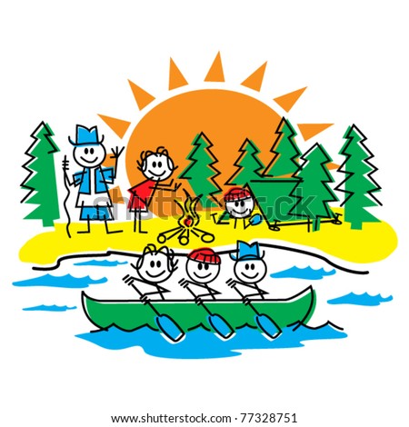 Stick figure family camping, hiking and having fun in a canoe in the summer.