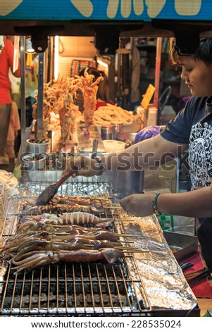 Kaohsiung, Taiwan - October 19, 2014: Street food market in Kenting night market