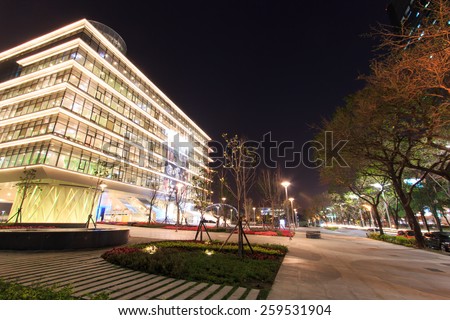 Kaohsiung, Taiwan - February 26, 2015: The Kaohsiung Main Public Library at night. This structure is also know as Green Library is the first green suspension structure in the world.