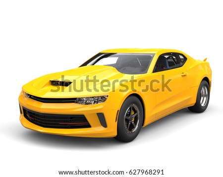Bright sun yellow modern muscle car - beauty shot - 3D Illustration