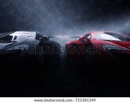 Great black and red super cars side by side in the rain - 3D Illustration