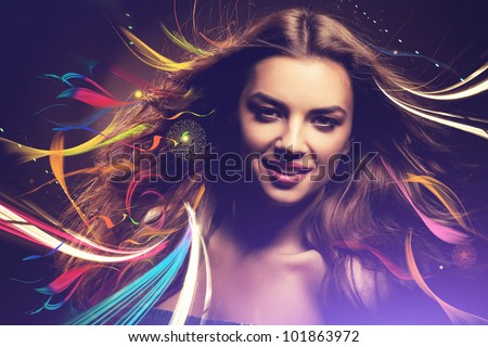 smiling girl with long hair and rainbow lines
