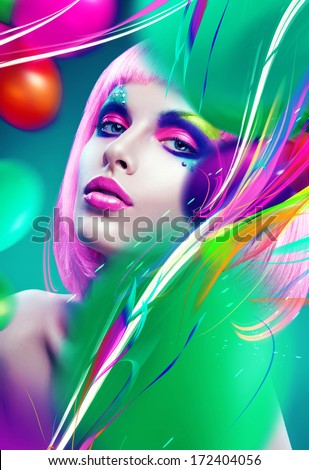 woman with pink hair and colourful lines