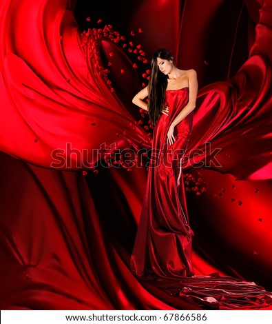 Woman In Red Dress With Long Hair And Hearts On Red Drapery Stock Photo ...