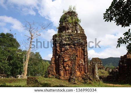 MY SON SANCTUARY, DANANG, VIETNAM -DECEMBER 18:Ruined temple of the ancient Champa. Those temples with the carved picture of Shiva, the God of Champa. December 18, 2012 in My Son, Da Nang, Vietnam.