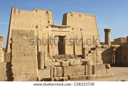 EDFU, EGYPT-NOV 25:The main entrance of Edfu Temple that dedicated to the falcon god Horus, was built in the Ptolemaic period between 237 and 57 BCE. Nov. 25, 2007 in Edfu, Egypt.