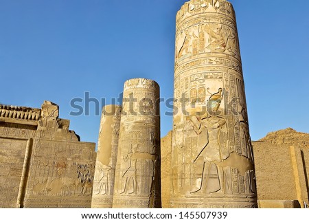 KOM OMBO, EGYPT-JUN 25:Ruined pillars on the temple Kom Ombo that known as two temples consisting of a Temple to Sobek and a Temple of Haroeris on Jun 25, 2011 at Kom Ombo, Egypt.