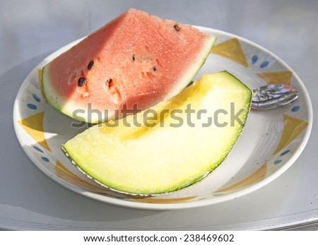 Sliced sweet melon and water melon on plate.