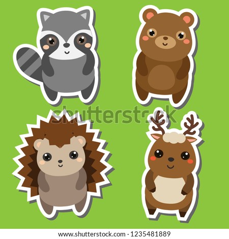 Cute kawaii forrst animals stickers set. Vector illustration. Raccoon, bear, hedgehog, deer. Children style, design elements for kids. Icons