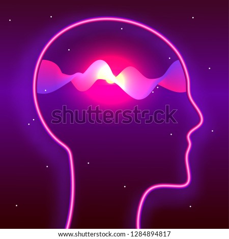 Human head and glowing waves inside. Mindfulness, brain power, meditation concept. Biohacking, neurobiology theme illustration