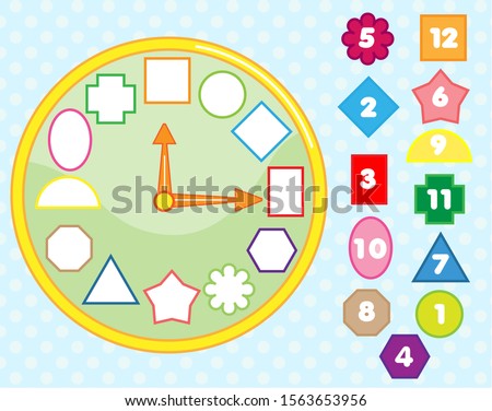 Matching children educational game. Clock puzzle shape sorting for kids and toddlers. Learn numbers, time and geometric forms