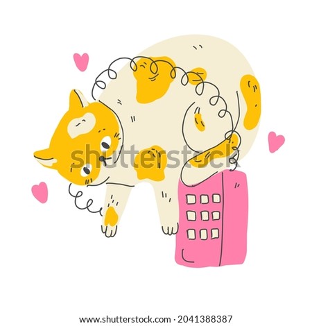 Funny cartoon cat with vintage phone wiating for a call. Modern flat style pet  illustration Zdjęcia stock © 