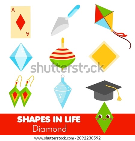 Shapes in life. Diamond, rhombus. Learning cards for kids. Educational infographic for children and toddlers. Study geometric shapes. Visual aid