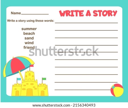 Writing prompt for kids blank. Educational children page. Develop fantasy and writing stories skills. Summer holidays theme