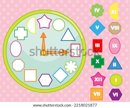 Matching children educational game. Clock puzzle shape sorting for kids and toddlers. Learn roman numbers, time and geometric forms