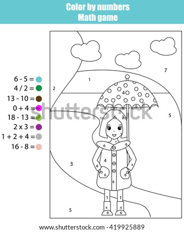 Coloring page with girl. Color by numbers math children educational game. Mathematics task and fun for school age kids