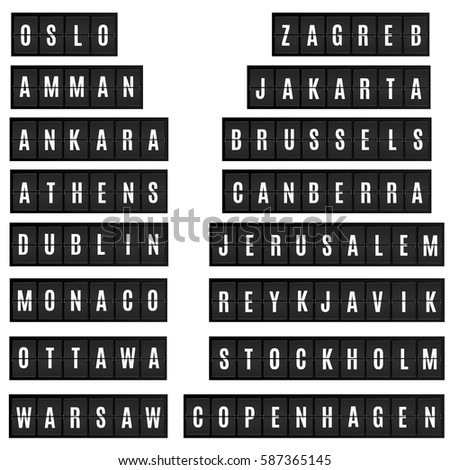 World big cities, capitals names in airport time table board style. Athens, Canberra, Ottawa, Brussels and other megapolises on isolated black timetable. Vector illustration, isolated design elements.