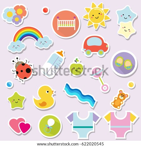 Baby stickers. Kids, children design elements for scrapbook. Decorative vector icons with toys, clothes, sun, rattle and other cute newborn babies symbols