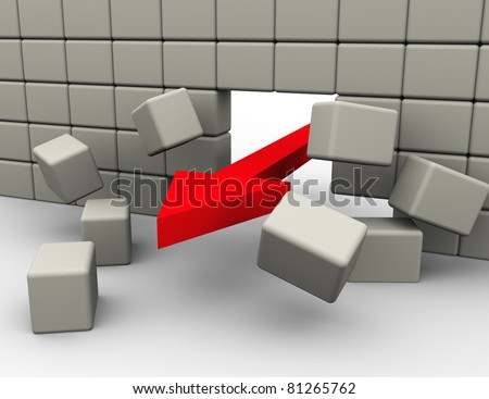 3d render of red arrow breaking wall