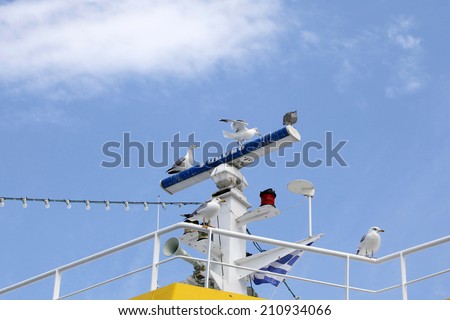 KERAMOTI, GREECE - July 20 - 2014 The Thassos ferry going to Thassos island on July 20, 2014 in Keramoti, Greece Details and seagulls on the ferry