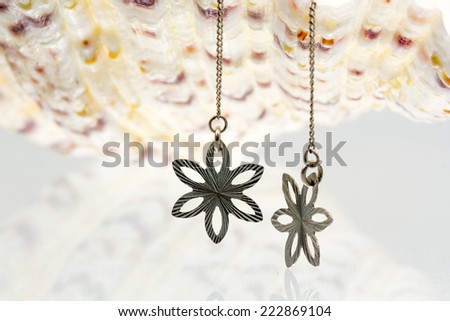 Silver jewels with colorful precious stones an seashell in the background