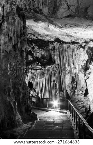Scene from the amazing bulgarian cave Saeva Dupka. Black and white photography