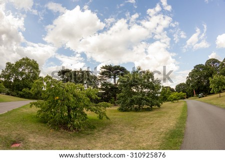 28. 07. 2015, LONDON, UK, View from Kew Gardens, Royal Botanical Gardens. Fish eye lens effects