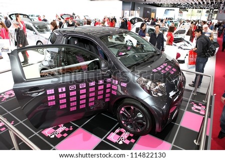 PARIS - SEPTEMBER 30: The new Toyota iQ I love Paris displayed at the 2012 Paris Motor Show on September 30, 2012 in Paris