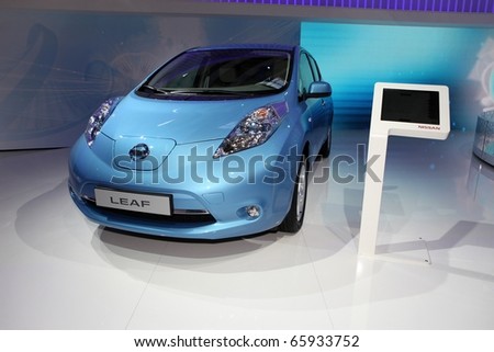 PARIS - OCTOBER 12: The new Nissan Leaf displayed at the 2010 Paris Motor Show on October 12, 2010 in Paris