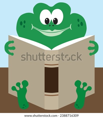A happy cartoon frog is sitting and reading a book