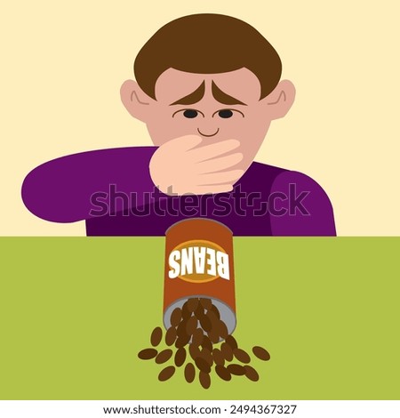 A young cartoon man is upset that he has spilled a can of beans