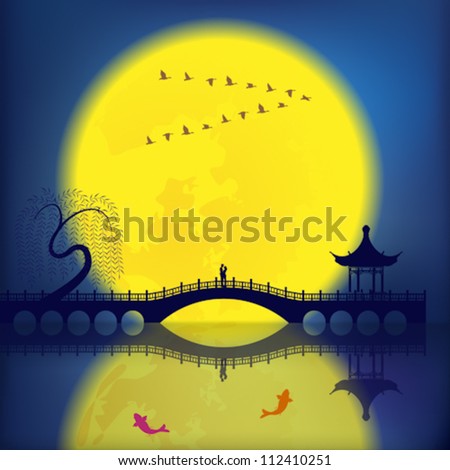 Oriental Ancient Scenery: Arch Bridge, Pavilion, Willow, Fish and Moon