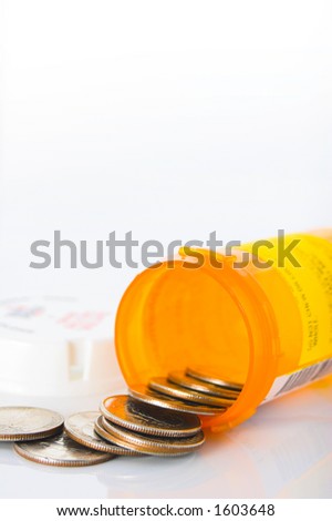 Quarters spilling out of a prescription pill bottle. Illustrating the high cost of health care.