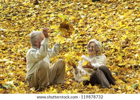 beautiful happy old people throw autumn leaves