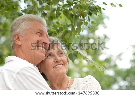 loving elderly couple on a walk in the park in summer